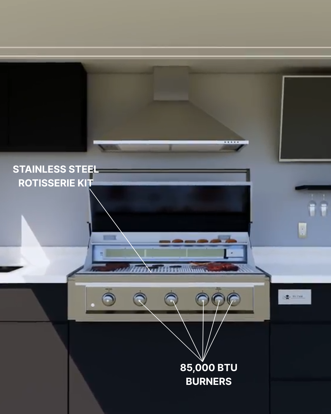 High-performance 85,000 BTU burners with stainless steel rotisserie kit in the ELEV8 outdoor kitchen